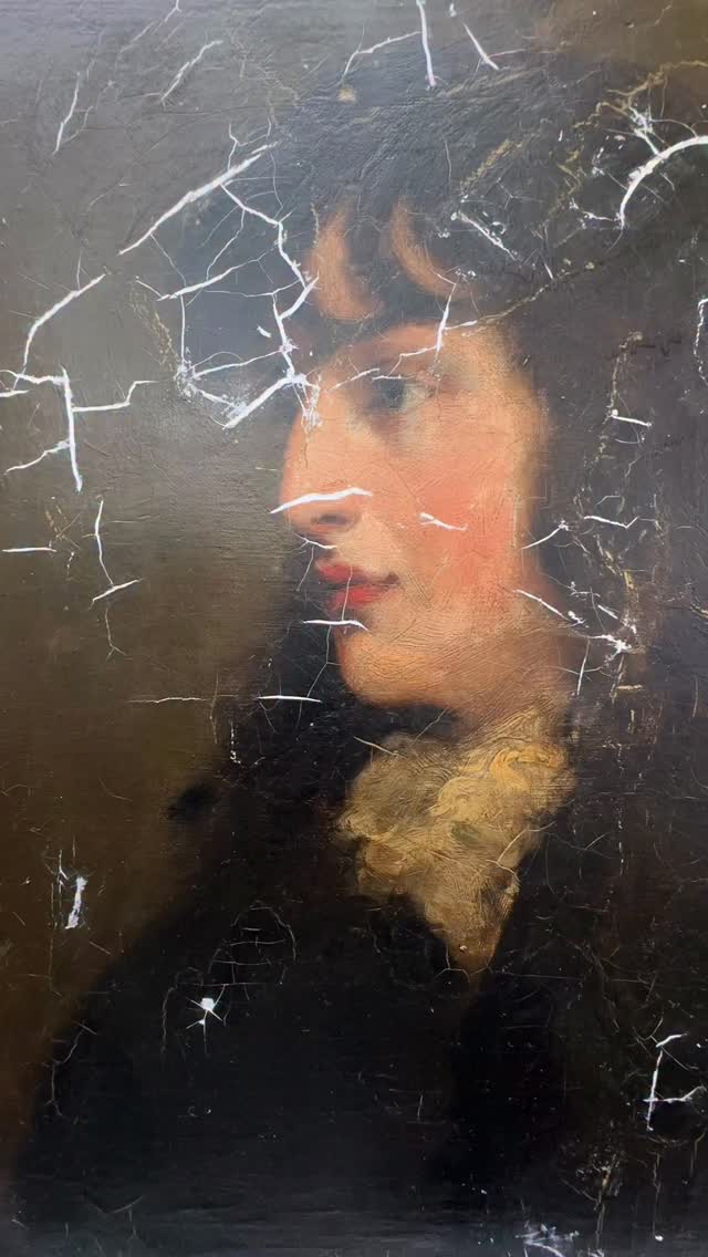 This fabulous painting after Thomas Lawrence has extensive craquelere . The painting was probably painted with too many layers too quickly and that has caused the painting surface to crack and reveal the ground layer underneath. But with some filling and extensive re-touching we will be able to bring this portrait back to life.
.
.
#Artrestoration #artrestoration #fineartrestoration #satisfying