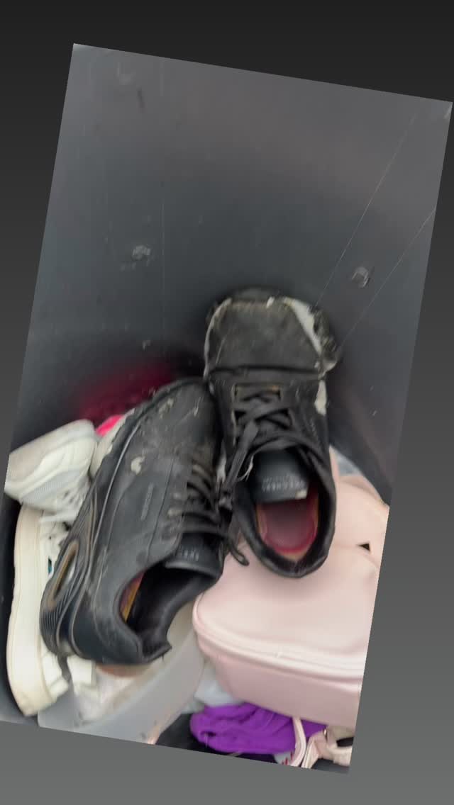 A pair of shoes that came off of our homeless friend Joceyln today. We gave her a clean pair of hiking sneakers and threw these away for her. They smelled worse than they looked.