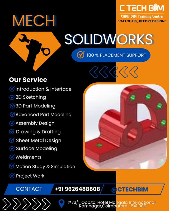 ๐ง MECH | SOLIDWORKS TRAINING ๐ง
Master SolidWorks with industry-focused practical training at CTECH BIM โ CADD BIM Training Centre ๐
โ
Introduction & Interface
โ
2D Sketching
โ
3D Part & Advanced Modeling
โ
Assembly Design
โ
Drawing & Drafting
โ
Sheet Metal & Surface Modeling
โ
Weldments
โ
Motion Study & Simulation
โ
Live Project Work
๐ฏ 100% Placement Support
๐ Coimbatore
๐ +91 96264 88808
๐ Catch us, before design!
#SolidWorks #MechanicalDesign #MechEngineering #CADTraining #CTECHBIM PlacementSupport Coimbatore EngineeringStudents DesignCareer