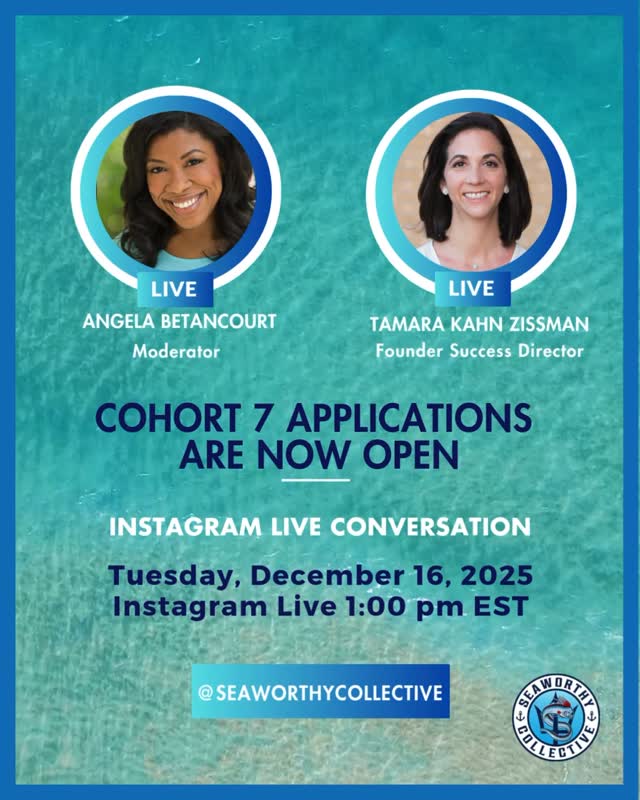 Join us LIVE on Instagram on Tuesday, December 16, 2025 at 1 PM EST!
Angela Betancourt and Tamara Kahn Zissman will share an inside look at Cohort 7 of our flagship Startup Program, The Continuum Ocean Enterprise Studio & Incubator.
This is your chance to learn more about the program, ask questions, and get the scoop on applying. Follow Seaworthy Collective on Instagram to be notified when we go live!
#seaworthycollective #bluetech #oceanconservation #oceaninnovation #startups #seachangemakers #blueeconomy #cohort7
