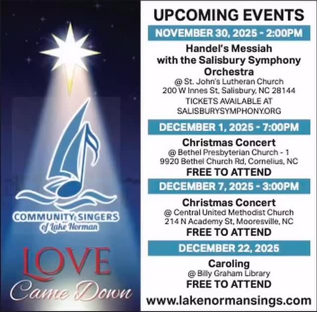 š¶āØ Youāre Invited! āØš¶
Weāre bringing āLove Came Down: A Christmas Concertā to Lake Norman ā and itās open to the whole community!
Dec 1 ā Cornelius
Dec 7 ā Mooresville
Tap the link in our bio for full details.
Your āInterestedā or āGoingā helps us more than you knowāas does sharing! ā¤ļøš
Weāre also excited to join the Salisbury Symphony for Handelās Messiah on Nov 30, and weāll be caroling at the Billy Graham Library on Dec 22.
Visit lakenormansings.com to see all upcoming performances.
We canāt wait to sing for you! š¶āØ
#ChristmasConcert #LakeNorman #CorneliusNC #MooresvilleNC #CommunityChoir #LiveMusic #HolidayEvents #LKNEvents #SalisburySymphony #HandelsMessiah #BillyGrahamLibrary #ChristmasInTheCarolinas #NCChristmas #supportlocalarts #choruslife #lkncommunity #cslkn