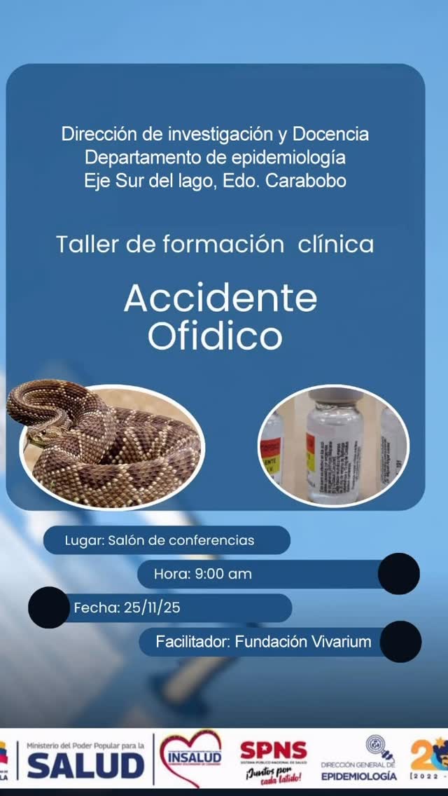 📚 Taller de Formación Clínica en Accidente Ofídico
Mañana estaremos acompañando al equipo de Epidemiología y a la Dirección General de Enfermería del Eje Sur del Lago (Estado Carabobo) en una jornada formativa dedicada al manejo adecuado del accidente ofídico.
Este taller, organizado por la Dirección de Investigación y Docencia, busca fortalecer las capacidades del personal asistencial para mejorar la respuesta clínica, reducir complicaciones y estandarizar buenas prácticas basadas en evidencia.
🗓 Martes 25 de noviembre de 2025
📍 Salón de conferencias
Agradecemos la invitación y la oportunidad de seguir construyendo capacidades para la atención segura y efectiva de las mordeduras de serpientes en Venezuela.
#FundaciónVivarium #AccidenteOfídico #FormaciónClínica #Epidemiología #Enfermería #SaludPública #Venezuela