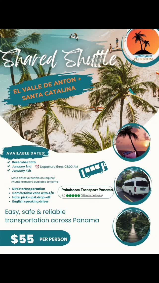 🚐 Shared Shuttle: El Valle de Antón → Santa Catalina
Planning to visit Santa Catalina? We’re running shared shuttles at the end of December and beginning of January!
📅 Available dates:
• December 30
• January 2
• January 4
✔️ Direct & comfortable transportation
✔️ Hotel pick-up in El Valle
✔️ Hotel drop-off in Santa Catalina
✔️ Air-conditioned vans
✔️ English speaking driver
👉 Send us a DM or WhatsApp to reserve your seat!
Need a different date? We also offer private transfers and can organize extra shared shuttles with enough requests.
#ElValleDeAnton #SantaCatalina #PanamaTransportation #ShuttlePanama #PanamaShuttle #TravelPanama #PanamaTransfers #VisitPanama #ExplorePanama #BackpackPanama #SurfPanama #SantaCatalinaPanama #PrivateTransferPanama #CentralAmericaTravel