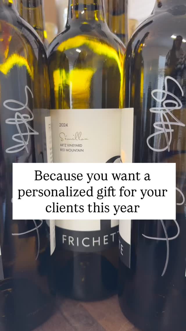 Let’s us handle your gifts this year! We write personal messages on the wine bottles, wrap and gift bag them for you for local pick up. This client’s order included little Santa hats and scarves for each bottle.
Why Frichette? Because we can make unwrapping the gift almost as exciting as the actual gift! It’s a whole experience! Bring your gift list to the tasting room (or make your gift orders online) and we’ll handle the rest!