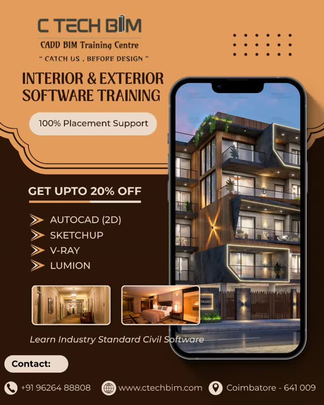 ๐๏ธ Interior & Exterior Software Training
Design stunning spaces with industry-standard civil software ๐จ๐ข
โ AutoCAD (2D)
โ SketchUp
โ V-Ray
โ Lumion
๐ฏ 100% Placement Support
๐ฅ Get up to 20% OFF โ Limited Time
๐ Coimbatore โ 641009
๐ +91 96264 88808
๐ www.ctechbim.com
๐ Learn | Design | Build Your Career
#CTechBIM #InteriorDesign #ExteriorDesign #CivilSoftware #BIMTraining #AutoCAD #SketchUp #Lumion #Vray #Coimbatore #CivilEngineering #PlacementSupport