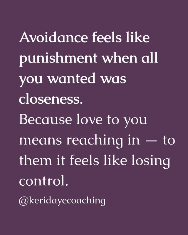 ✨Avoidance looks like silence, distance, and pretending nothing happened.
But it wasn’t nothing. You were carrying the ache of disconnection while they prioritized their comfort.
Avoidance doesn’t protect the relationship — it protects the avoidant. And when you long for closeness, repair, and truth, that kind of protection feels like punishment.
You make sense.
This is exactly part of the work we do in 1:1 coaching — helping your nervous system heal from repeated ruptures and unmet bids for connection. DM me if you’re ready to be supported in this 💛
#keridayecoaching
#traumacoach
#healingfromemotionalabuse