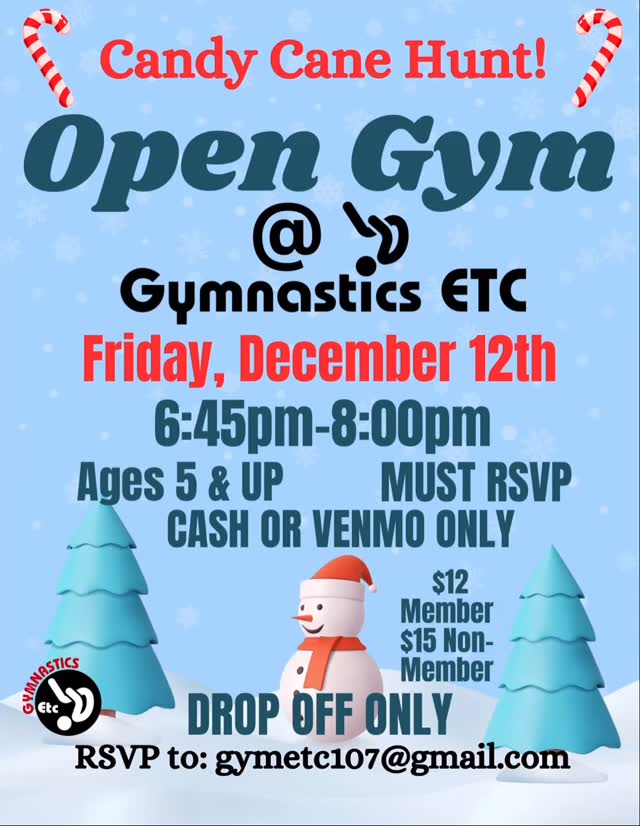 Come join us NEXT FRIDAY 12/12 for Open Gym ages 5-17yrs old to tumble, socialize, burn off some energy and have fun!