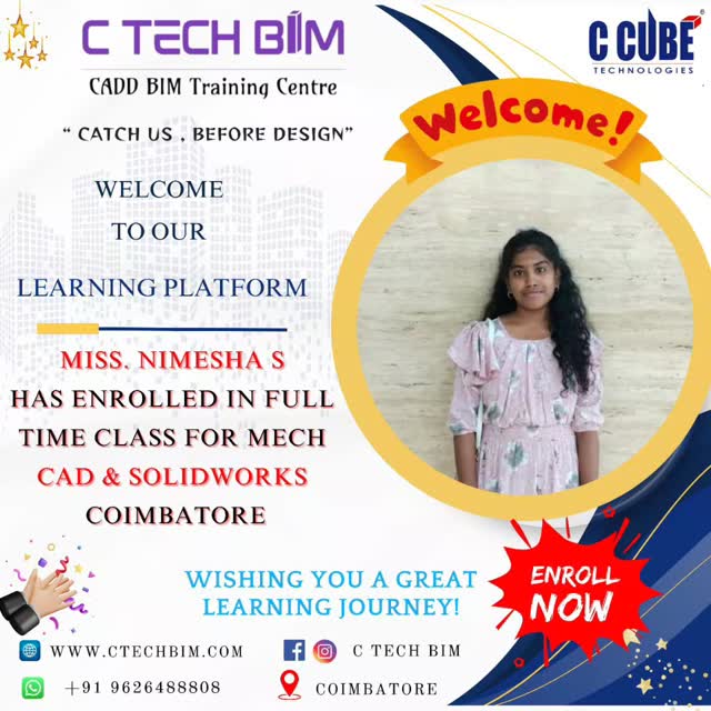 ๐ Welcome to C TECH BIM! ๐
We are happy to welcome Miss. Nimesha S to our learning platform ๐ค
๐ Course Enrolled:
โ๏ธ Mechanical CAD
โ๏ธ SolidWorks
๐ Mode: Full Time Class
๐ Location: Coimbatore
โจ โCatch us before designโ
We wish you a successful and inspiring learning journey with us! ๐
๐ Contact: +91 96264 88808
๐ www.ctechbim.com
#CTechBIM #WelcomeStudent #MechanicalCAD #SolidWorks #CADTraining #BIMTraining #Coimbatore #LearningJourney #SkillDevelopment #EnrollNow