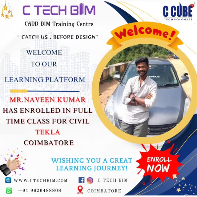 Excited to welcome Mr. Naveen Kumar to the C TECH BIM Training Centre! ๐คโจ
He has joined our Full-Time Civil TEKLA Course to upgrade his skills and shape a strong career in the construction industry ๐๏ธ๐ก
Wishing him an inspiring and successful learning journey! ๐
๐ Coimbatore
๐ www.ctechbim.com
๐ +91 9626488808
#CTechBIM #Tekla #CivilEngineering #BIMTraining #Coimbatore StudentWelcome LearningJourney ConstructionTraining CareerGrowth