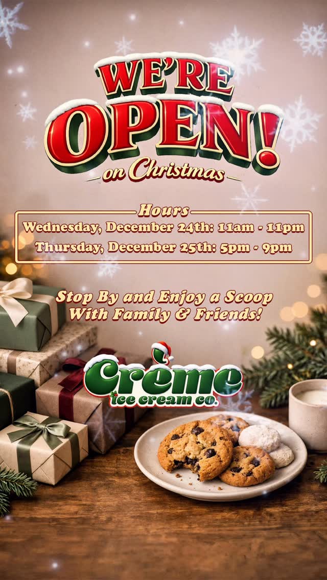 The holidays are here and so are we! 🎄🍨
🚪We’re Open:
🕯️Christmas Eve: 11am–11pm
🎁Christmas Day: 5pm–9pm
Stop by and grab a scoop of our winter seasonal flavors:
• Gingerbread Snap
• Candy Cane Cheesecake
• White Chocolate Mint
• Egg Nog
• Mexican Hot Chocolate (sold out)
• Cranberry Orange Muffin
Get some last-minute holiday shopping done while you’re here 🎁
Gift cards, rare snacks, Dubai chocolate from @beyondthegrain.bakery , chocolate bars from @kyyachocolate , and ice cream pies!
Take a break from the holiday chaos with a fresh cup of our rich Italian hot chocolate ☕️
Can’t wait to see you ❤️
📍2730 N. College Ave. Fayetteville, AR 72703
🚪Check Google Maps For Current Hours
#cremeicecreamco #icecream #fayetteville #arkansas #fayettevillearkansas