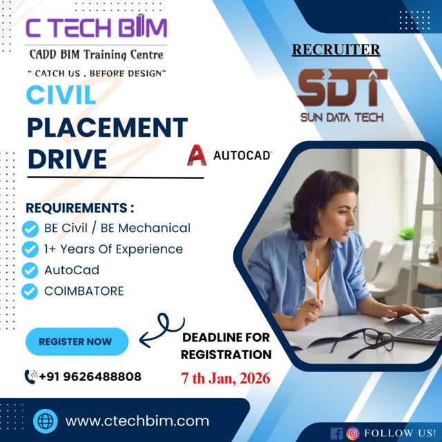 ๐ Civil & Mechanical Engineers โ Big Opportunity!
Join the C Tech BIM Civil Placement Drive in association with Sun Data Tech (SDT) ๐
If you have 1+ years of experience and AutoCAD skills, this is your chance!
๐ Location: Coimbatore
โณ Last Date to Register: 7th Jan 2026
๐ Contact: +91 96264 88808
๐ Register now: www.ctechbim.com
๐ Donโt miss this golden opportunity!
.
.
#CivilEngineering #MechanicalEngineering #PlacementDrive #JobOpportunity #CoimbatoreJobs Autocad CtechBIM CareerGrowth EngineeringJobs
