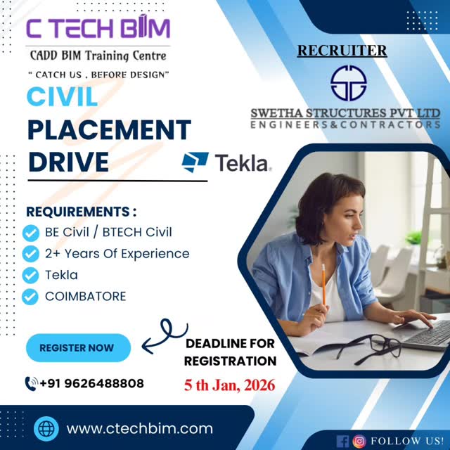 ๐ Civil Placement Drive โ Build Your Career with Us!
Are you a Civil Engineering professional looking for a great opportunity?
Join our Placement Drive and step into a successful future!
๐ Eligibility:
๐ BE Civil / B.Tech Civil
๐งโ๐ผ 2+ Years of Experience
๐ ๏ธ Tekla Knowledge Required
๐ Location: Coimbatore
๐
Last Date to Register: 5th Jan 2026
๐ Contact: +91 96264 88808
๐ Visit: www.ctechbim.com
#PlacementDrive #CivilEngineer #CivilJobs #Tekla #EngineeringJobs CoimbatoreJobs CareerOpportunity CtechBIM