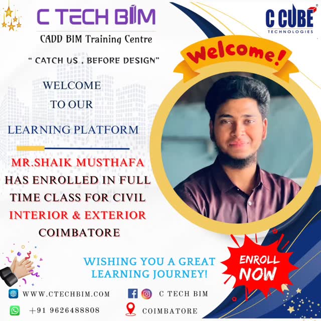 ๐ Welcome to C TECH BIM! ๐
Weโre happy to welcome Mr. Shaik Musthafa to our Full-Time Civil Interior & Exterior Course ๐๏ธโจ
๐ Coimbatore
๐ก Learn | Design | Build Your Career
๐ Start your professional journey with expert guidance
๐ +91 96264 88808
๐ www.ctechbim.com
#CTechBIM #WelcomeStudent #CivilEngineering #InteriorDesign #ExteriorDesign BIMTraining Coimbatore LearningJourney CareerGrowth