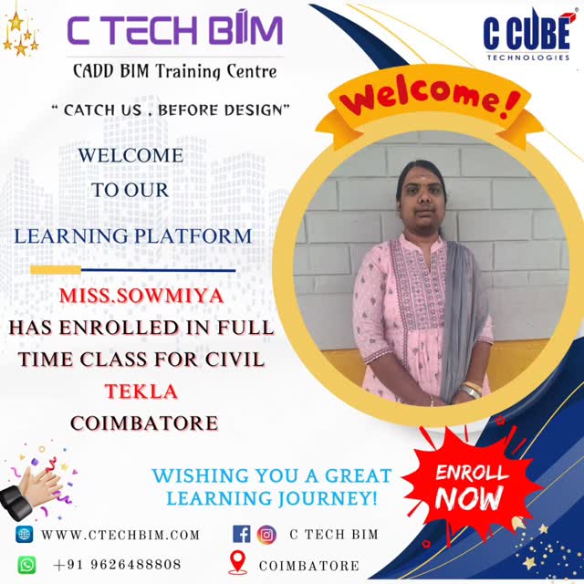 ๐ Welcome to C TECH BIM! ๐
Weโre happy to welcome Miss Sowmiya to our learning platform ๐
She has successfully enrolled in Full-Time Civil Tekla Training at Coimbatore.
๐ Learn โข Build โข Succeed
๐ Industry-oriented BIM training
๐ผ Career-focused learning
โจ Wishing you a great learning journey ahead!
๐ Coimbatore
๐ +91 96264 88808
๐ www.ctechbim.com
#CTechBIM #CivilTekla #BIMTraining #CivilEngineering #TeklaStructures Coimbatore SkillDevelopment CareerGrowth