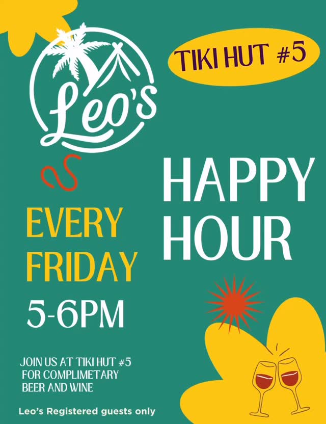 🌴🍹Island Time Happy Hour at Leo’s Tiki Hut! 🍺🌴
We are inviting all our registered guests to join us every Friday from 5–6 PM, January 9 through March 27, at the Tiki Hut #5 for complimentary beer and wine.
Kick back, relax, and mingle with your fellow campers, Key West style! #leoskeywestcampground #keywest #camping #camping