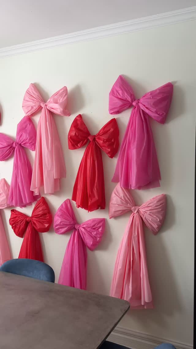 the perfect DIY valentine’s bow wall 🎀
I came across this bow wall from @debtrette last year, loved it, and instantly saved it so I could make one this year!
I used plastic tablecloths from the dollar store, tied them into a bows, fluffed them up, and hung them using glue dots. Such an easy affordable DIY that makes a big impact.
#diybows #bowdecor #valentinesdecor #diyvalentine #valentinesinspo
diy wall decor, party decor, galentines day, diy party, pink decor
