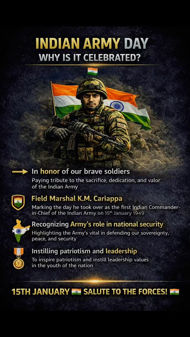 Why is Indian Army Day celebrated? ๐ฎ๐ณ๐ช
Indian Army Day is observed every year on 15th January to honor the courage, sacrifice, and dedication of the soldiers of the Indian Army.
This day marks a historic moment in 1949, when Field Marshal K. M. Cariappa became the first Indian Commander-in-Chief of the Indian Army, taking charge from the British leadership after Independence.
Indian Army Day is not just a celebration โ it is a reminder of the Armyโs vital role in:
โข Protecting Indiaโs sovereignty and borders
โข Maintaining national security and peace
โข Inspiring discipline, leadership, and patriotism among citizens
โข Honouring the supreme sacrifices made by soldiers for the nation
On this day, the nation salutes the bravery, professionalism, and selfless service of the Indian Army.
15 January | Salute to the Brave ๐ฎ๐ณ
#IndianArmyDay,#IndianArmy,#ArmyDay,#15January,#SaluteToSoldiers,NationFirst,DefenceForces,IndianDefence,Patriotism,MilitaryHistory,YouTubeShorts