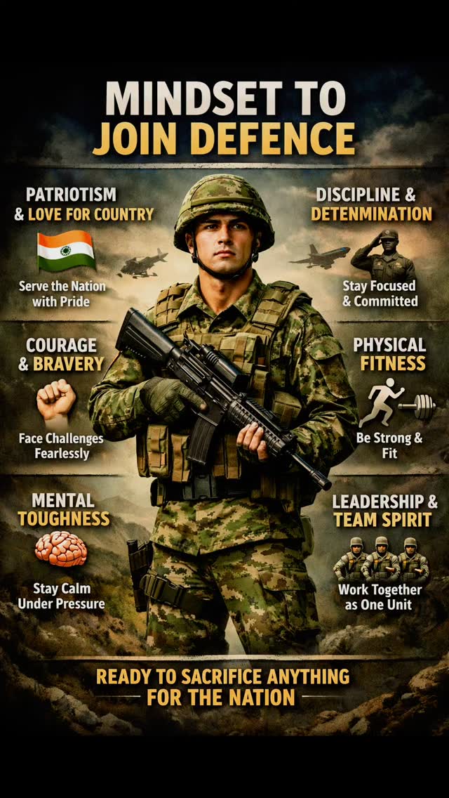 Mindset to Join the Defence Forces
Not a job.
Not a backup plan.
A way of life.
โข Nation before self
โข Discipline over comfort
โข Courage in uncertainty
โข Responsibility for every action
โข Mental strength under pressure
โข Team before ego
The uniform demands character, not convenience.
If youโre ready to serve, sacrifice, and stand firmโ
this life is for you.
The mindset decides the uniform.
#DefenceMindset #JoinDefenceForces #OfficerMindset #SSBInterview #AFCAT CDS NDA IndianArmedForces ServeWithHonour NationFirst MilitaryLife DefenceAspirants UniformDream LeadershipUnderPressure