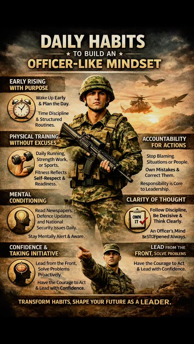 Daily habits decide your destiny.
Not motivation.
Not shortcuts.
Discipline. Consistency. Character.
Officer mindset is built every single day.
โข Wake up early โ control your time
โข Train your body โ no excuses
โข Train your mind โ stay aware
โข Take responsibility โ no blame game
โข Think clearly โ act decisively
โข Lead from the front โ even when itโs hard
You donโt become an officer on selection day.
You become one long before that.
Change habits.
Build mindset.
Earn the uniform.
#OfficerMindset #DefenceAspirants #SSBPreparation #AFCAT #CDS NDA IndianArmedForces DefenceLife FutureOfficer DisciplineEqualsFreedom MilitaryMindset UniformDream ServeTheNation LeadershipHabits DefenceMotivation DailyHabits OfficerLikeMindset
