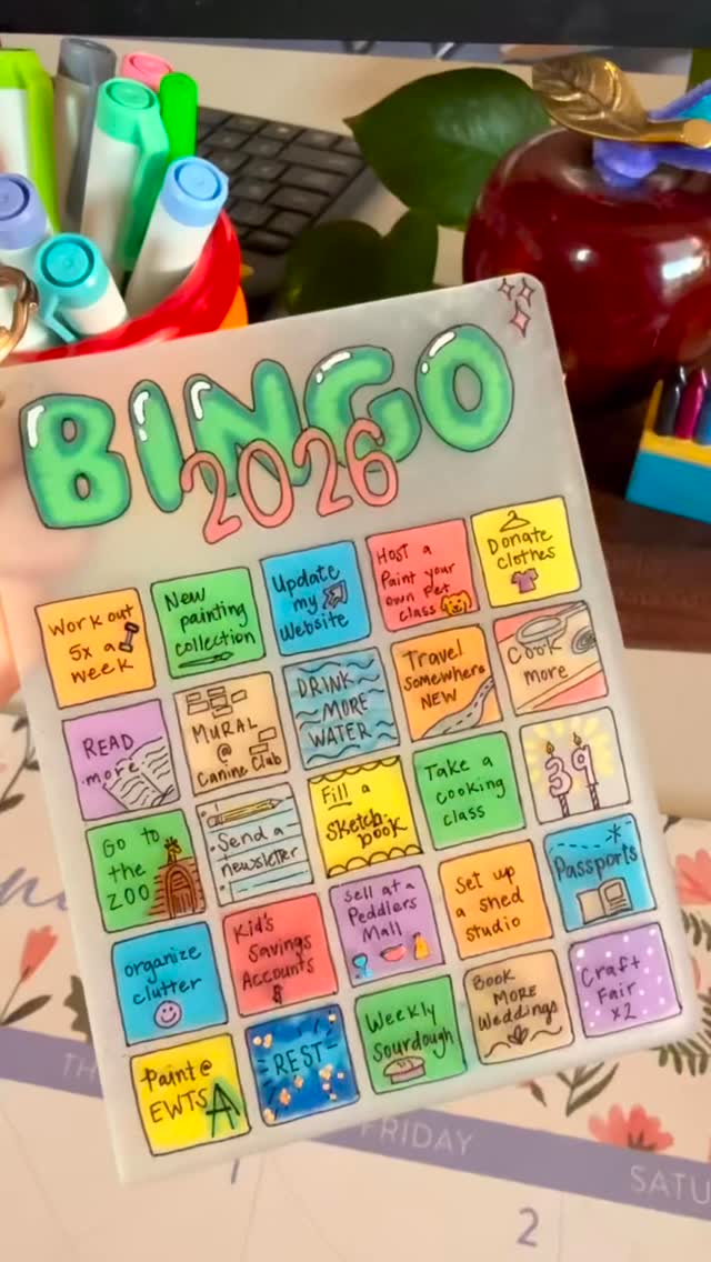 It’s not too late to make a shrinky-dink 2026 Bingo Card 🪩
I did this with my high schoolers and we all loved the project — minus the times my toaster started smoking in my classroom and I had to run it outside 😳
We used pre-sanded Shrinky-Dink paper, Sharpies, Poscas, and alcohol markers.
Note: Bake these LOW. I started at 200 degrees — otherwise they curl up and stick together and there’s no coming back (see the last photo… yikes).
Save this if you want to try shrinky-dinks without a classroom evacuation 😅
#shrinkydinks #creativeclassroom #2026bingocard #artteacher #artclass