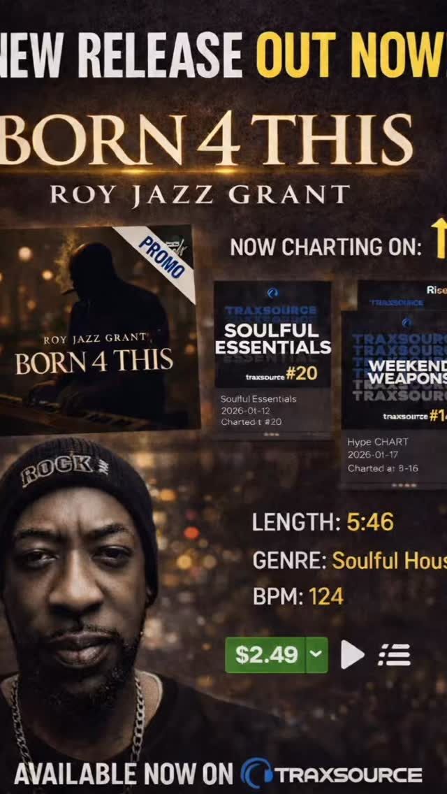 Momentum continues 📈
BORN 4 THIS
Roy Jazz Grant
Currently Top 20 on Traxsource Soulful Essentials,
also charting on Weekend Weapons and Hype Chart.
Thank you to the DJs and tastemakers supporting this release worldwide 🙏
🎶 Available now on Traxsource
🔗 Link in bio
#AptD4Records #Born4This #Traxsource #SoulfulHouse #HouseMusic DJCulture ChartingNow