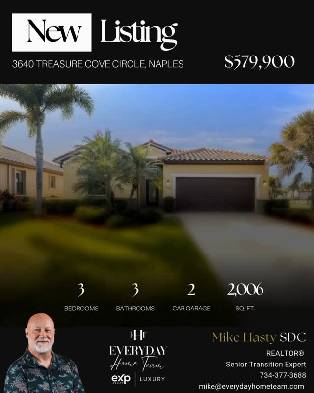 🏡✨ Just Listed in Naples! ✨🏡
I’m excited to welcome you to 3640 Treasure Cove Circle, Naples, FL — a must-see home featuring the highly sought-after Trevi Model by Lennar with an ideal layout and upgrades you’ll love! 🌴☀️
This home offers the perfect balance of comfort, privacy, and peace of mind with a split-bedroom floor plan and 3 bedrooms + 3 full bathrooms, including TWO primary suites, each with its own private ensuite. The main primary suite also includes two walk-in closets—a rare and valuable feature!
✅ 3 Bedrooms | 3 Bathrooms
✅ Split-bedroom floor plan
✅ Two primary suites w/ ensuite baths
✅ Crown molding + tile throughout living areas
✅ Granite countertops in kitchen & baths
✅ Full granite backsplash in the kitchen
✅ 2-car garage with pull-down screen + overhead rack storage
✅ Big-ticket updates: NEW Roof (2022) | Water Heater (2019) | High-efficiency Lennox A/C (Dec 2024)
✅ Hurricane protection: Electric shutters (lanai & front door) + Accordion shutters on all windows
If you’ve been looking for a Naples home that’s move-in ready, well-maintained, and thoughtfully upgraded—this is the one.
📲 Message me to schedule your private showing!
— Mike Hasty
734-377-3688
#JustListed #NaplesFL #NaplesRealEstate #FloridaLiving #everydayhometeam