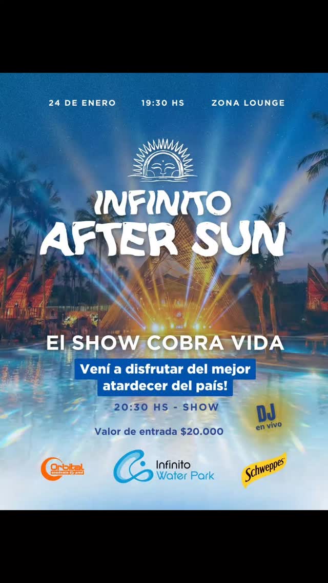 ☀️Veni a disfutar del mejor after sun del país en Infinito Water Park
🗓️ *Sabado 24 de enero*
🎵 *DJ en vivo*
🕣 *19:30 hs*
🏝️ *Dress code: Playa*
📍Zona Lounge Infinito Water Park - Av. Circunvalación bajada 7 bis, entre Costanera y Autopista Córdoba - Rosario.
Te esperamos!