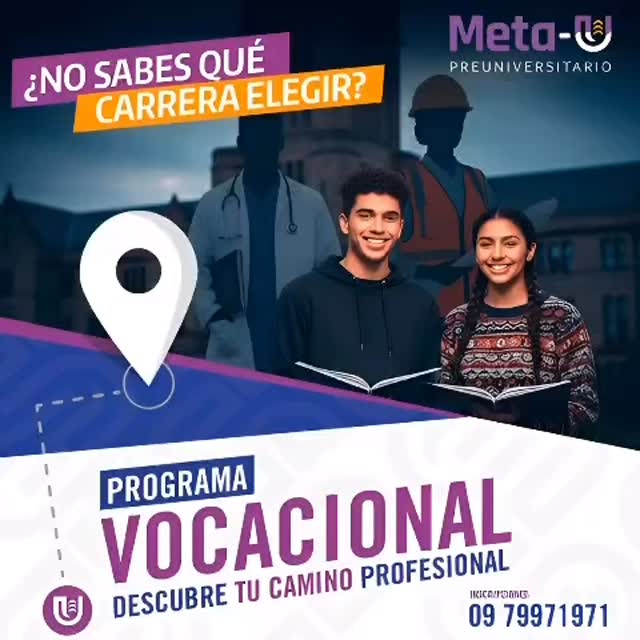 META U – Orientación vocacional con visión real del mercado
Elegir una carrera va más allá de un test.
En META U, los estudiantes reciben orientación vocacional, diagnóstico académico y 3 visitas a empresas, que les permiten comprender qué perfiles y habilidades demanda hoy el mercado laboral, y tomar decisiones informadas sobre su futuro universitario.
📅 Inicio: 2 de marzo
⏱️ Duración: 5 semanas
🕘 Horario: 09h30 a 13h30
📞 Informes: 09 79 971 971