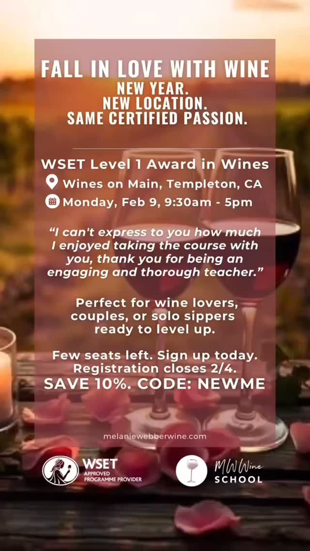 SLO County Wine Lovers—Ready to Get Certified?
MWWine School is offering WSET Level 1 Award in Wines this February in the heart of Templeton—at Wines on Main. Just a few seats left. Register today and get 10% off. Code: NEWME. Link in bio.
📍 Wines on Main, Templeton
🗓 Monday, Feb 9 | One-day course + exam
🍷 Taste 12 wines | Learn styles, tasting technique, and food pairing
🎓 Globally recognized wine certification—perfect for tasting room & hospitality pros, or passionate wine enthusiasts!
“Melanie’s no-snobs approach makes learning fun, approachable, and unforgettable.”
Save 10% with code: NEWME