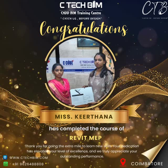 ๐ Congratulations! ๐
We are proud to congratulate Miss. Keerthana on successfully completing the Revit MEP course at C TECH BIM โ CADD BIM Training Centre ๐๏ธ๐ป
Your dedication, consistency, and passion for learning have truly paid off. Wishing you great success and a bright future in the BIM industry! โจ
๐ Coimbatore
๐ +91 96264 88808
๐ www.ctechbim.com
#Congratulations #RevitMEP #CTechBIM #BIMTraining #Certification CareerGrowth MEPEngineering Coimbatore SkillDevelopment
