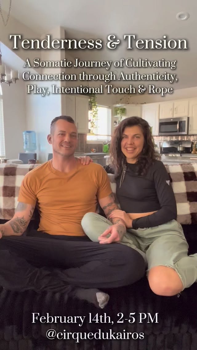 Hello, World! Kálya & Ayesha here & we are super excited to share a very special offering with our Utah community!
Tenderness & Tension is a workshop where we will explore human connection through authenticity, play, intentional touch, & rope.
Ayesha is a Clinical Somatic Therapist and Movement Educator, 500+ ERYT, somatic breathwork facilitator, trauma informed care provider, & playful student of life! One of the primary aspects of her work is teaching individuals how to understand the language of their body, release the thwarted stress that gets stuck in the body, and expand their capacity to live a life of greater freedom, possibility & choice! She has been offering some of the tools we will be exploring in our workshop together with her clients as well as devoted herself to them for her own personal healing and growing journey for the past 5 years.
Kálya is a licensed massage therapist (LMT) with a focus on Myoskeletal Alignment Technique. He has a passion for acrobatics and partner circus arts, where collaboration, communication,& trust are fundamental. He is also a seeker of knowledge and unconventional ways of relating to other humans. His curiosity with rope as a pathway to self-discovery & creating intimacy in relationships began 5 years ago and he is continuously intrigued by the never-ending pathways that rope can lead.
We have found the practices we have chosen for our workshop to be deeply enriching and connecting for our personal relationship we are growing. We have found when there is tension, the practices bring us back to tenderness. We can’t wait to share them with you!
🌹🪢Tenderness & Tension🪢🌹
A Somatic Journey to Cultivate Connection through Authenticity, Play, Intentional Touch, & Rope.
With Kálya Tigris @kalya321 & Ayesha Haskell @wild_sacred_being
Saturday, February 14th, 2025
2:00-5:00 PM
@cirquedukairos