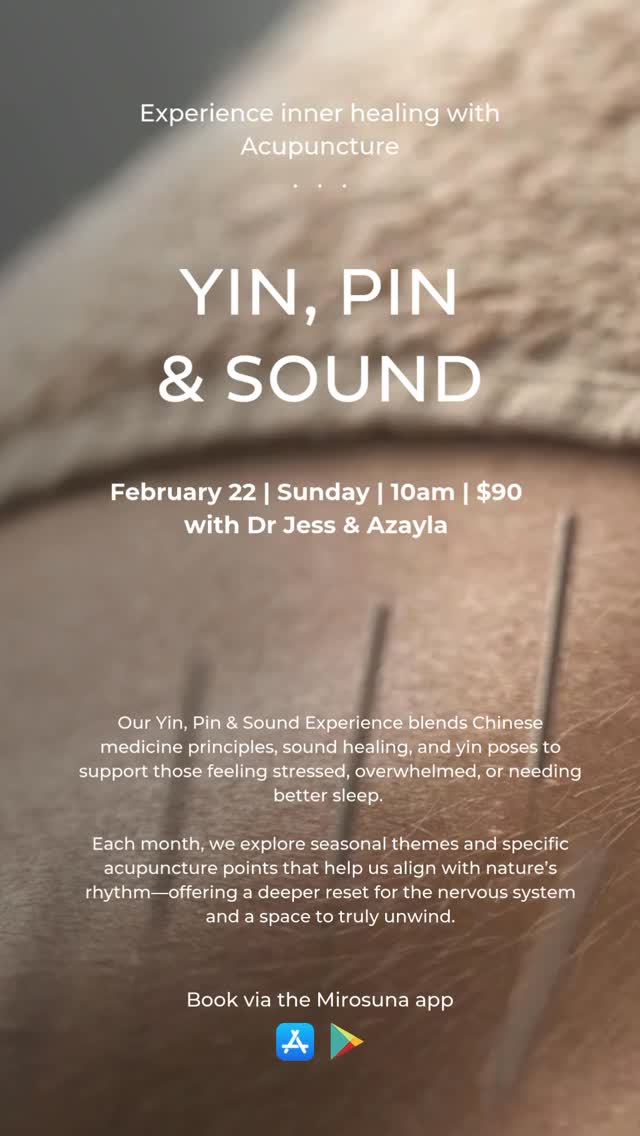 If your body has been asking you to slow down⦠this is your sign.
Join us for the first Yin, Pin & Sound of the year with Mirosunaā¦a beautiful blend of yin yoga, acupuncture and sound healing to help regulate your nervous system and melt away stored tension.
Iāll be offering acupuncture in the session to support deeper relaxation and balance from the inside out.
Perfect if youāve been feeling stressed, wired, tired or just in need of some deep rest.
Bookings via MirosunaāØ