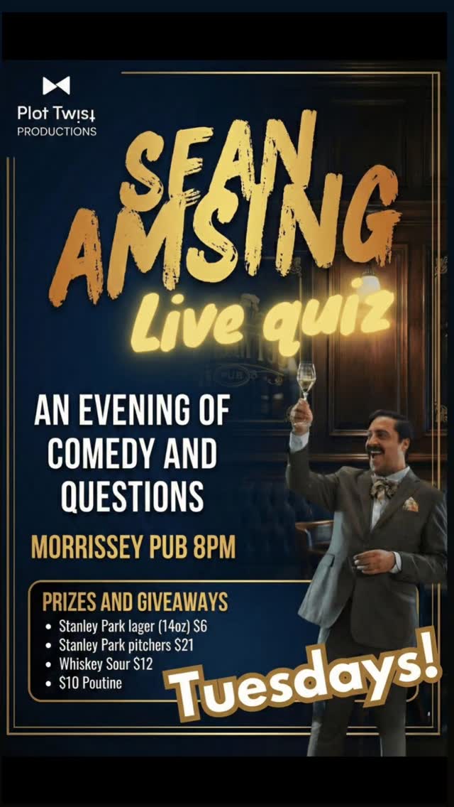 Get your team together, it's quiz time! 🧠 EVERY TUESDAY at 8 PM, join us at the Morrissey Pub for a hilarious night of comedy and questions hosted by the one and only Sean Amsing. We've got great prizes, $6 Stanley Park lagers, $10 poutine, and more! 🍻 See you there!
_
#downtownvancouver #vancouvertrivia #morrisseypub #yvrevents #granvillestreet