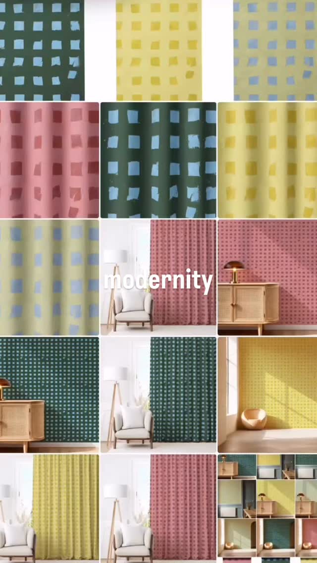 Modernity is an unabashedly post-modern design, combining a nod to historically important checkered patterns with a slightly screwed up twist to make it current. We think this pattern plays well in range of spaces so we’ve introduced new colorways with a nostalgic nod to Memphis Design. Sampling is available for Modernity in Milano, Preppy, Sachet, and Rubber Duck. Visit The Alchemy Collection at @teresarocheartandtextiles to order wallpaper and cotton/linen blend fabric samples.
Colorways, art for interior design, Memphis Design, interior design inspiration, wallpaper design, textile design, checkered pattern, color trend, eighties design trend