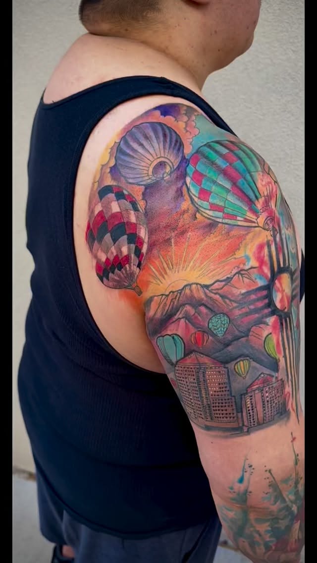 had fun helping @raydezo bring his vision to you fruition, with his Albuquerque themed tattoo… I did everything except the Watercolor Zia in the middle. I also did this Spartain on his forearm Thanks for the trust. Thanks for looking!#truegrittattoosnewmexico #albqtattoostudio #tattooartist #albuquerquetattooartist #tattooideas