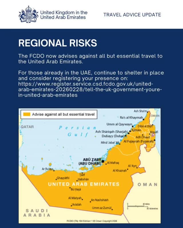 ā ļøThe FCDO is currently advising against all but essential travel to the United Arab Emirates.ā ļø
While this guidance remains in place (and at this stage itās unclear whether that will be hours, days, or longer), tour operator partners will review bookings in travel-date order.
Iāll then be in touch directly with affected clients to talk through next steps for their upcoming holiday plans.
At present, new flights to most of the Middle East are paused. Airlines will only resume flying schedules once itās confirmed safe to do so.
Iāve already been in contact with all clients currently overseas and will continue to keep them updated as further information becomes available.
If youāre due to travel to the UAE, or have a trip that transits via the UAE in the coming days, this guidance is likely to impact your plans.
For all other travel, it remains a wait-and-see situation for now.
As always, Iām on hand to support my clients and manage arrangements during times like these.
Thanks
Elaine x
