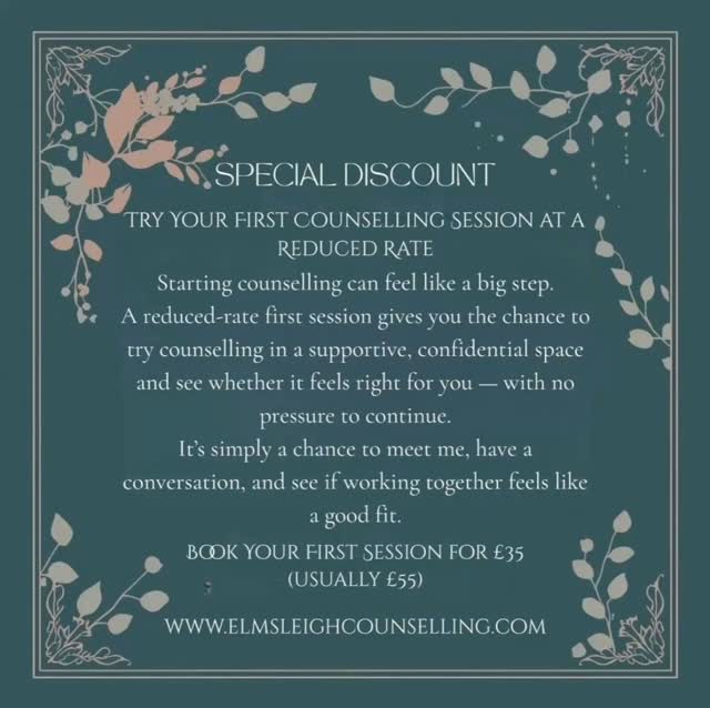 Unsure if counselling is right for you?
Worried about finding the right person to feel comfortable talking to?
Why not book a first session and try it out.
No obligation to continue, just see what you think.
Offering a reduced price for the first session, £35 instead of the usual £55, this is the ideal time to give it a go.
Sessions available face to face and online.
Over 18’s only. #elmsleighcounselling #therapy #mentalhealth #counselling #anxiety