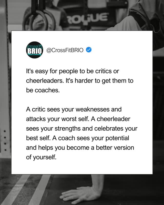 Quote from @adamgrant, author of Hidden Potential
You don't need someone to be mean OR to be nice. What we all need is someone who cares about us to tell us the truth, in the most helpful way possible. This is the way.
A critic will cut you down and tell you you suck, a cheerleader will tell you you're Awesome! Great! Perfect! A coach will tell you need to flatten your back, squat lower, and stop feeding yourself like a trash panda in a dumpster behind 7-11.
#crossfitaffiliate #coachlife #cultureoffeedback #yxefitness #teambrio