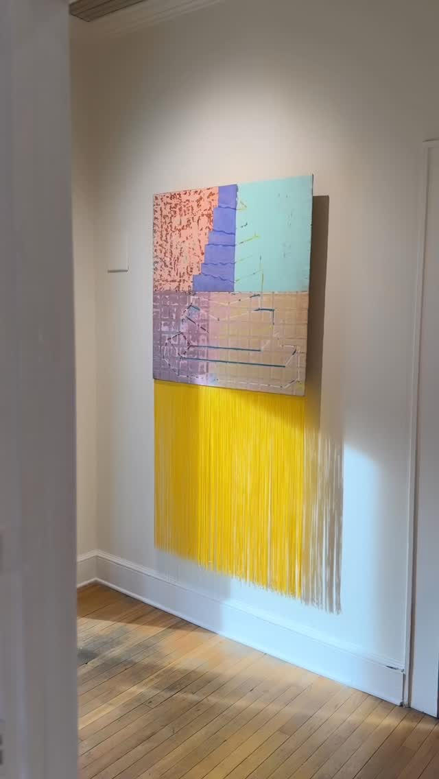 🧁🧁 “Cake Walk” got some bright yellow fringe and she’s living her best life @artandlightgallery in the beautiful sunlight by the front door. Link in my bio to @artandlightgallery for details and pricing. 36x36x4 inch panel (chainette fringe adds 32”) @squareone_artpanels ☀️☀️
.
.
.
.
.
.
Color story, yellow, encaustic art, encaustic artist, painter painting, art for design, abstraction, abstract art