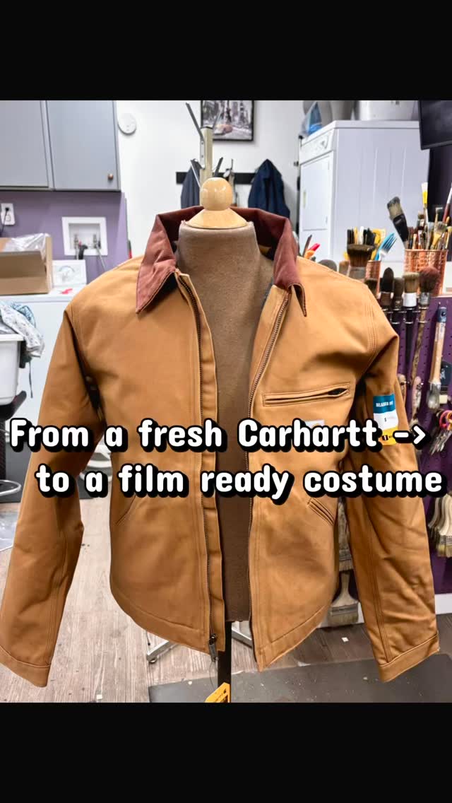 Making new clothes into movie costumes, one Carhartt at a time. @jacquardproducts @carhartt #movieprops #costumehack #costumetransformation #filmcostume #characterdesign