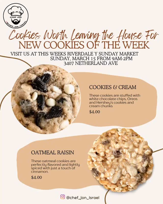 Our cookies of the week! Oatmeal raisin, and cookies and cream. See you this Sunday at the market.
