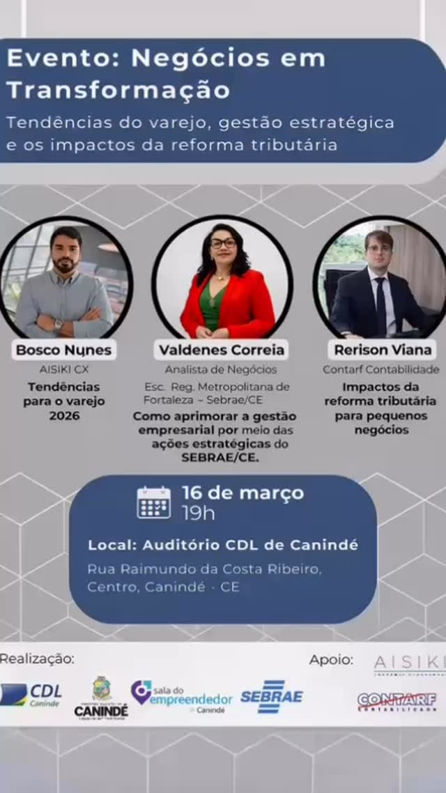 A Contarf Contabilidade esteve presente no evento “Negócios em Transformação”, realizado pela CDL de Canindé, contribuindo com uma palestra sobre os impactos da reforma tributária para os pequenos negócios.
Nosso sócio Rerison Viana compartilhou com empresários e gestores uma visão prática sobre como as mudanças no sistema tributário irão impactar o dia a dia das empresas, abordando temas como apuração dos novos tributos, formação de preços, créditos tributários e preparação das empresas para o novo modelo de tributação.
A reforma tributária representa uma das maiores transformações no sistema de impostos do Brasil nas últimas décadas e exige que empresas estejam cada vez mais informadas e preparadas para as mudanças que estão por vir.
Agradecemos à CDL de Canindé, SEBRAE e parceiros pela realização do evento e pela oportunidade de contribuir com conhecimento para o fortalecimento do ambiente empresarial.
#ReformaTributária #Contabilidade #GestãoEmpresarial #Empresários #Negócios CDL SEBRAE ContarfContabilidade