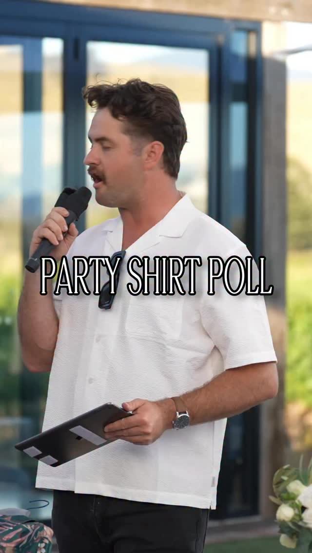 If you have followed along for a while, you’ve seen me do a party shirt poll for the DJ set on my stories hundreds of times. This time we took it live. Here’s MC services, with a bit of levity. Some weddings are more light hearted than others, I sensed this one they were good for it 🙌
Captured by @directorsedge . Laugh track by @michaelbriggsphotography at @acaciaridgewinery