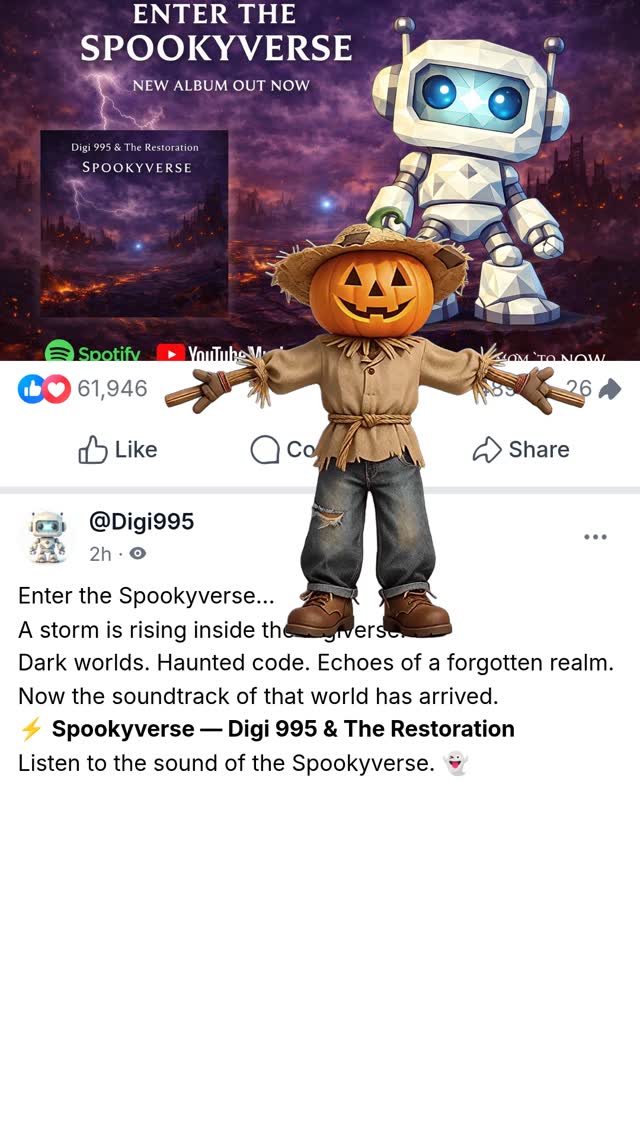 The **Spookyverse** has a sound… and it’s darker than ever. 👻⚡
Step into the haunted side of the Digiverse with **Spookyverse**, the new album from **Digi 995 & The Restoration**.
Storms over broken worlds.
Echoes from a haunted realm.
The music of a darker dimension inside the Digiverse.
🎧 Listen now:
Spotify
https://www.rfr.bz/i2ae1d5
YouTube Music
https://www.rfr.bz/icf44a1
Apple Music
https://www.rfr.bz/i02aaa3
🌐 Digi 995
https://www.rfr.bz/i33925d
#Digi995 #TheRestoration #Spookyverse #Digiverse #CinematicMusic #DarkAmbient #SciFiMusic #FantasyMusic #IndieMusic