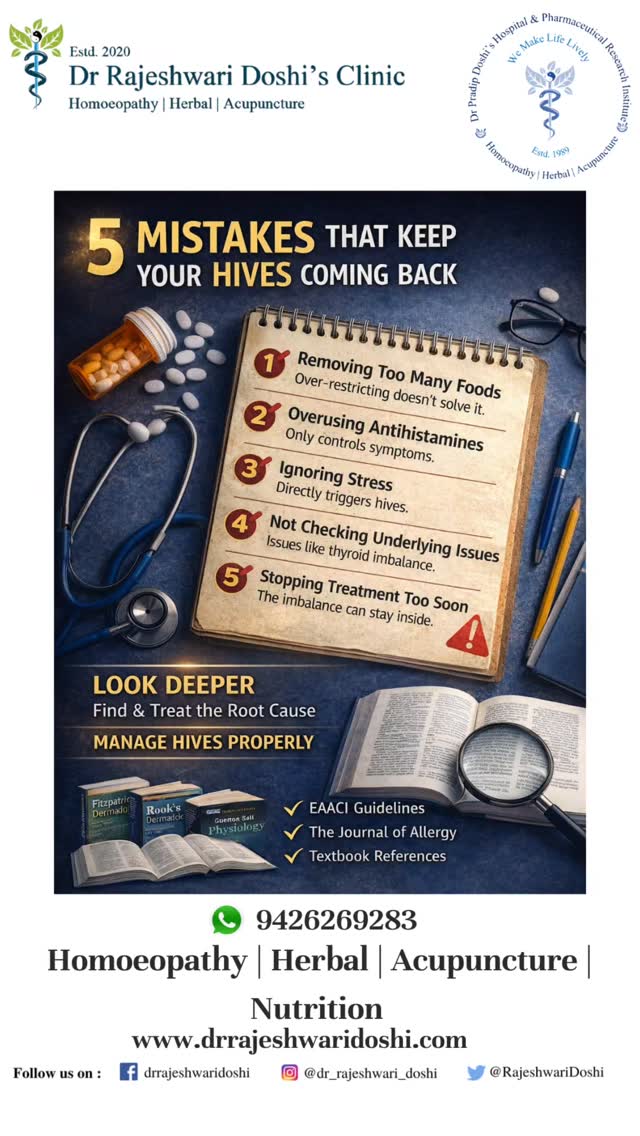 Hives coming again and again?
It’s often not just “allergy.”
Many patients unknowingly make these mistakes:
• Cutting multiple foods without real cause
• Relying only on antihistamines
• Ignoring stress and sleep
• Missing underlying issues like thyroid or metabolic imbalance
Medical guidelines clearly show that most chronic hives are not purely food-driven and need a deeper evaluation.
If your symptoms keep returning, your body is asking for a root-cause approach, not just temporary relief.
If you’re struggling with recurrent hives, it’s time to assess properly and treat it the right way.
📲 For consultation: WhatsApp 9426269283
References:
• Fitzpatrick's Dermatology – Chronic urticaria often non-allergic, multifactorial
• Rook’s Textbook of Dermatology – Limited role of food triggers, recurrence patterns
• Journal of Allergy and Clinical Immunology – Mast cell activation & histamine role
• EAACI/GA²LEN Urticaria Guidelines (2021/2022 update) – Evidence-based management of chronic urticaria
#ChronicUrticaria
#SkinAllergy
#RootCauseHealing
#FunctionalMedicine
#DrRajeshwariDoshi