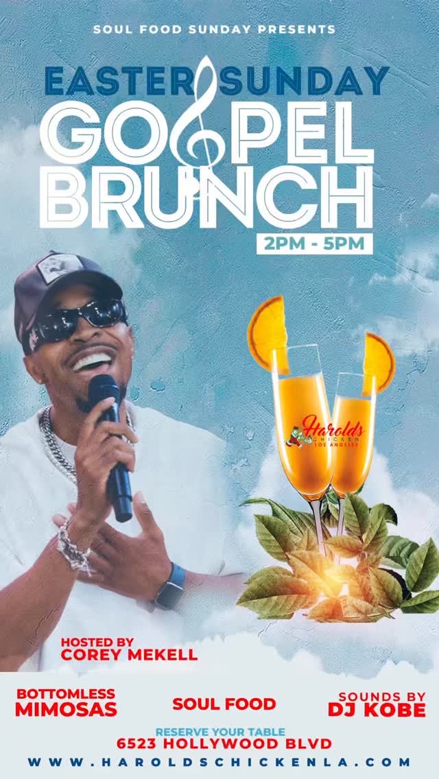EASTER SUNDAY š„G O S P E L B R U N C Hš„
Live Band + Soul Food + Bottomless Mimosas
Hosted by @coreymekell
Live band @markthemogul experience
š Haroldās Chicken
Chicagoās Famous Chicken & Mild Sauceā
š6523 Hollywood Blvd
Link in bio!
