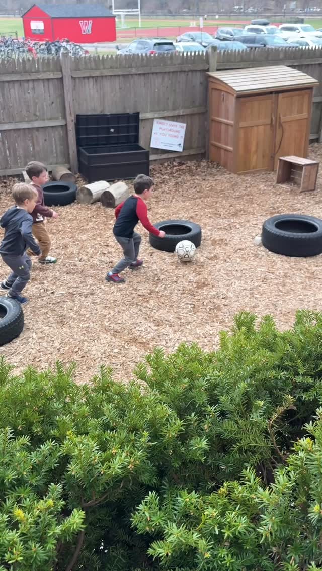 A friendly game of soccer organized by the children. Nothing better than seeing them work cooperatively. #playbasedpreschool #playground