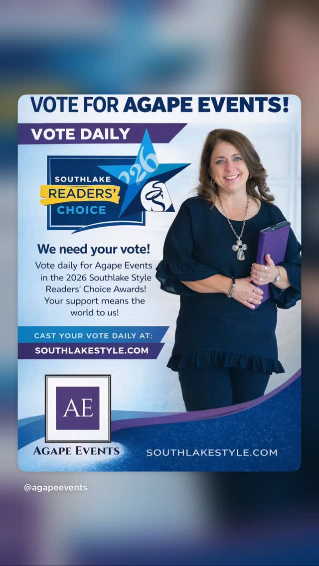 Thank you to everyone who voted! 🥰
Agape Events LLC has been selected as a WINNER in the Southlake Readers Choice category of Wedding Planner! 💍👰🏻💒
While we didn’t receive the top spot we received your love and support with much gratitude!
We look forward to serving you in 2026 and many years to come! 🎉
✅Serving all of the Dallas-Fort Worth Metroplex
Your vision, our expertise!
Sandy at Agape Events
✨ Event Planning | Coordination | Design
🌟 Making YOUR day special, stress-free, and one to remember
📧 sandy@agapeevents.net
📱 817-308-4292
💻 agapeevents.net
Event Planning DFW | North Texas Parties | Birthday Parties DFW | Baby Showers North Texas | First Birthdays | Themed Events DFW | Event Decor North Texas | Family Celebrations DFW | Stress-Free Hosting | Custom Backdrops DFW | Balloons North Texas | Table Styling DFW | Kids Parties North Texas | Memorable Moments DFW
#agapeevents #dfwevents #northtexasevents #dfweventplanner #weddingplanner