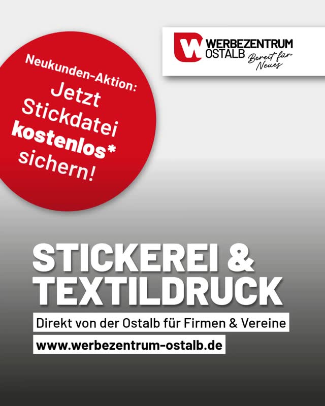 🧵 Dein Logo auf Hoodies, Shirts, Caps & Arbeitskleidung: hochwertig gestickt oder gedruckt!
Wir veredeln Textilien für Firmen, Vereine, Teams & Brands - direkt in Unterschneidheim auf der Ostalb.
Modernes Branding statt 08/15.
🔥 Neukunden-Aktion:
Ab 200€ netto Gesamtbestellwert erstellen wir deine Stickdatei GRATIS.
✔ Stickerei
✔ Textildruck
✔ Arbeitskleidung & Vereinskleidung
✔ Hoodies, Shirts, Caps & Merch
✔ Persönliche Beratung & regionale Produktion
Jetzt Anfrage senden und professionelle Textilien für dein Unternehmen gestalten lassen!