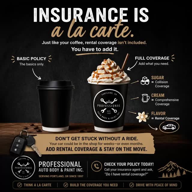 Insurance works just like your coffee…
When you order coffee, it doesn’t come with sugar, cream, or flavor automatically ☕️
You have to add what you want 🗣️
Same thing with your auto insurance 🚗
Most policies DO NOT include rental coverage by default ⛔️
That means if your car is in the shop for weeks… you could be stuck without a ride.
👉 Rental coverage = your backup plan
👉 It must be added separately
👉 It’s usually inexpensive—but incredibly valuable
Don’t wait until after an accident to find out what’s missing.
📞 Call your insurance agent today and ask:
“Do I have rental coverage?”
✔️ Think a la carte
✔️ Build the coverage you actually need
✔️ Drive with peace of mind
—
Professional Auto Body & Paint
Serving Portland, OR since 1997 🛠️
#alacarte
#autobodyrepair
#rentacar
#rental
#coffee